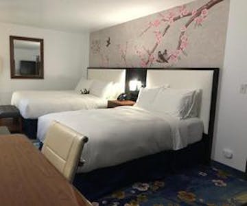Spacious room with one king bed and one XL bed, featuring a massage bathtub and separate shower – Wang Shi China Palace OKC