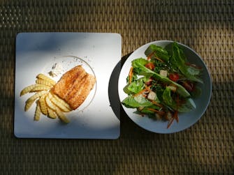 healthy salad and baked fish and French fries at Monoceros Resort, Chiang Mai