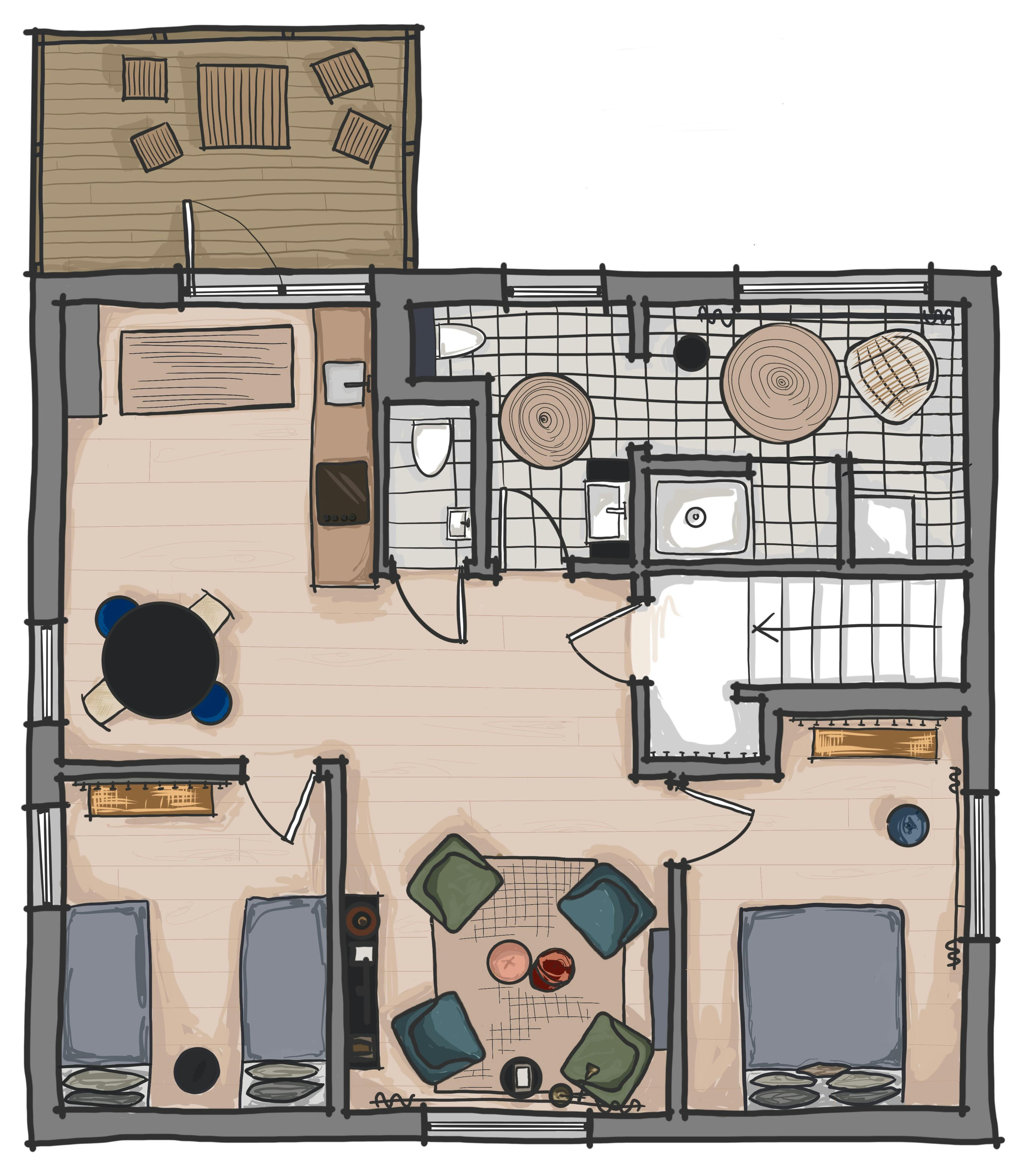 Inni apartments - floorplan for Inni 2 - 2-bedroom loft apartment