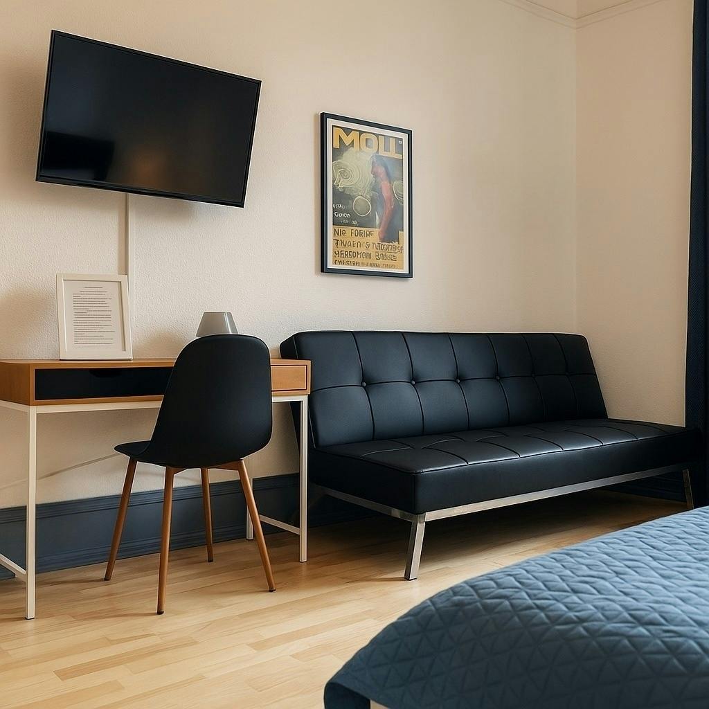 Hotel Amager superior double room with black leather sofa, workspace and TV, Copenhagen