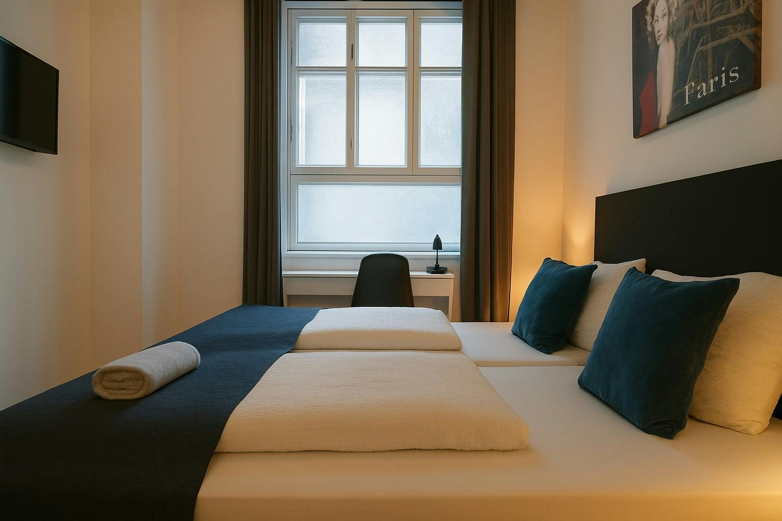 Hotel Amager Copenhagen double room with twin beds and Paris artwork, 15% direct booking discount