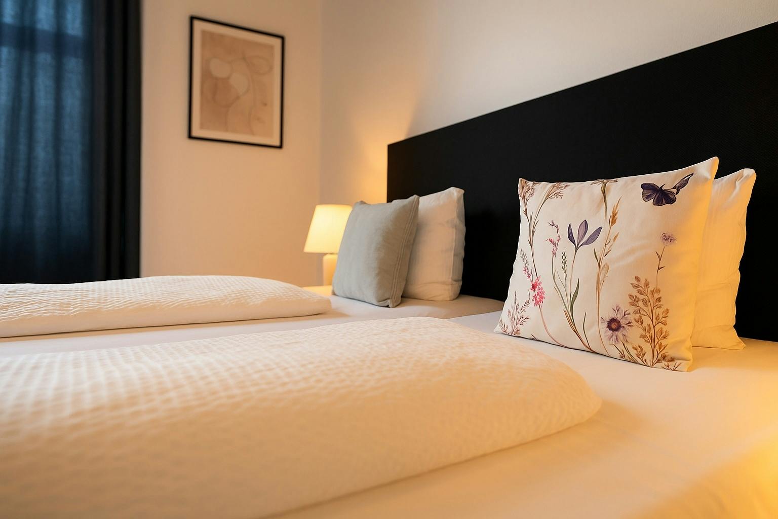 Hotel Amager superior double room with geometric pillows and city views, Copenhagen affordable rates