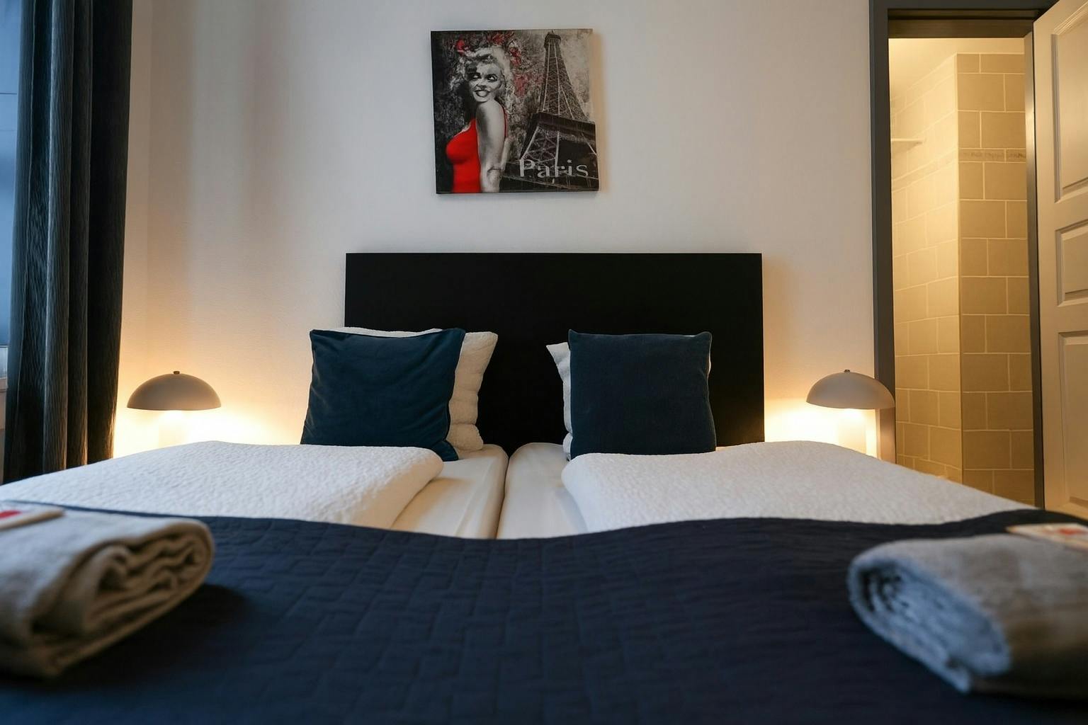 Hotel Amager double room with workspace desk and flat-screen TV, Copenhagen budget hotel