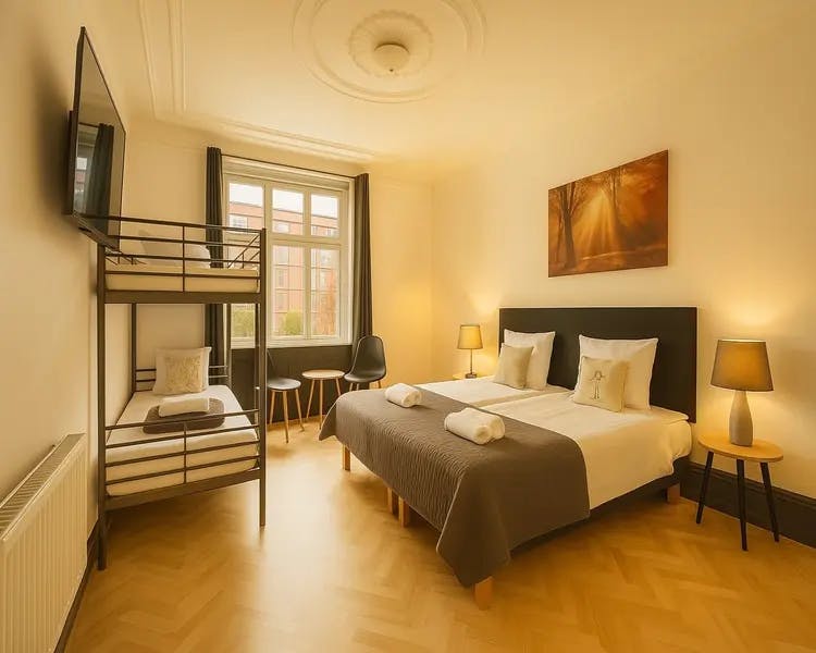 Modern double and familly room with queen bed and city view at Hotel Amager copenhagen