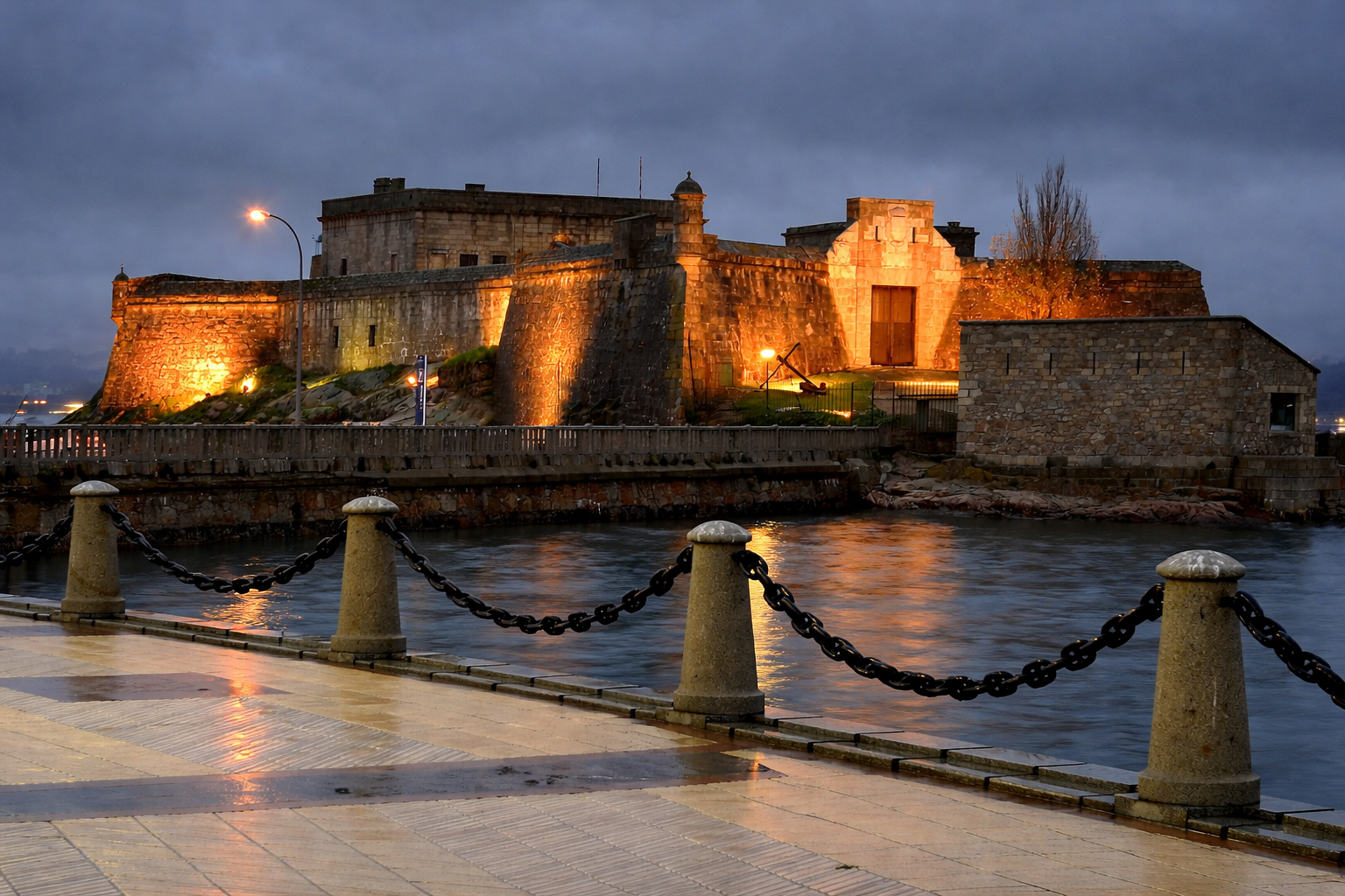 Castillo de San Antón iluminado al anochecer