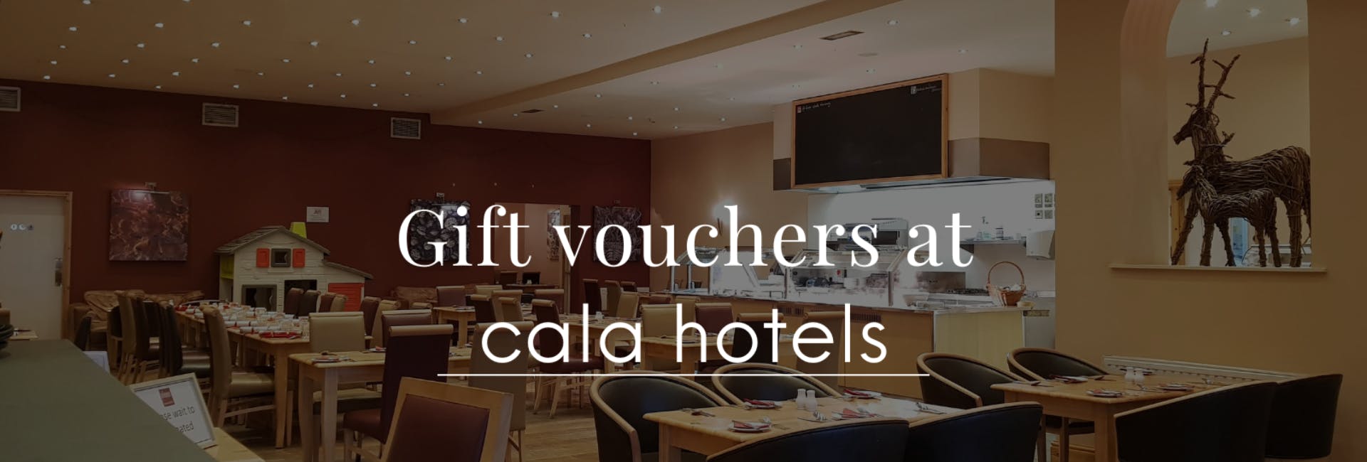 Gift vouchers available at the Cala Hotels, white text overlayed on greyed out image of the a restaurant