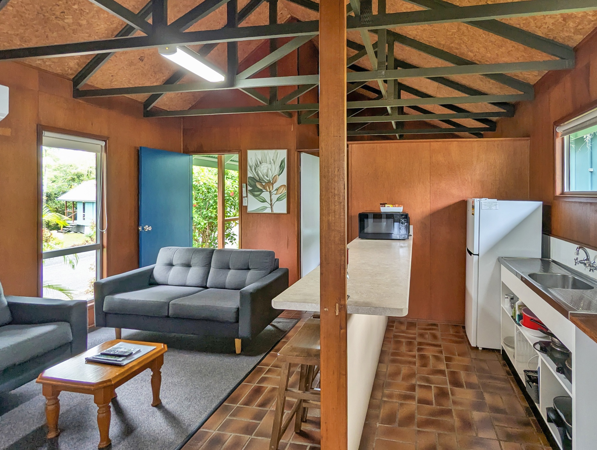 cabin living room and kitchen