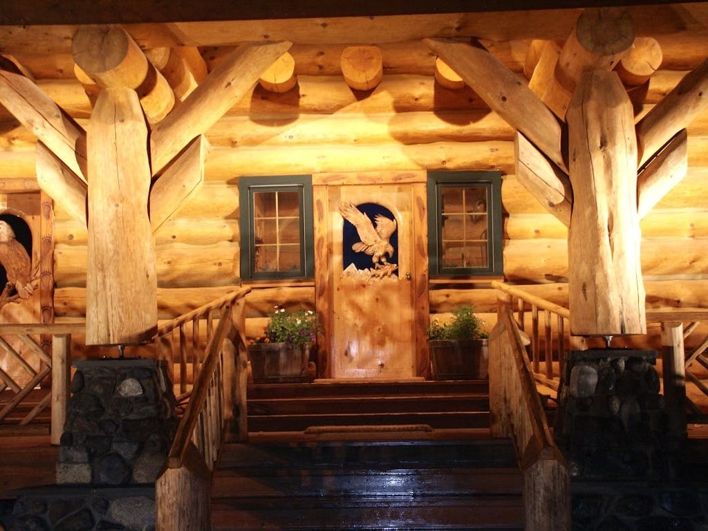 Entrance to Deep Creek Fishing club, hand-carved door with eagle