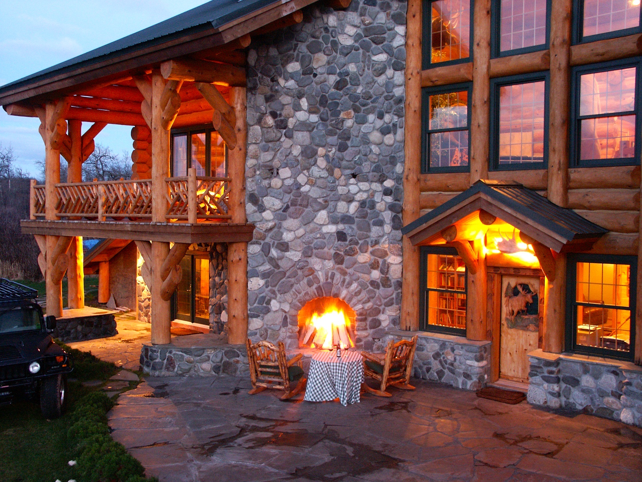Fireside evening dinner for two on the stone patio.