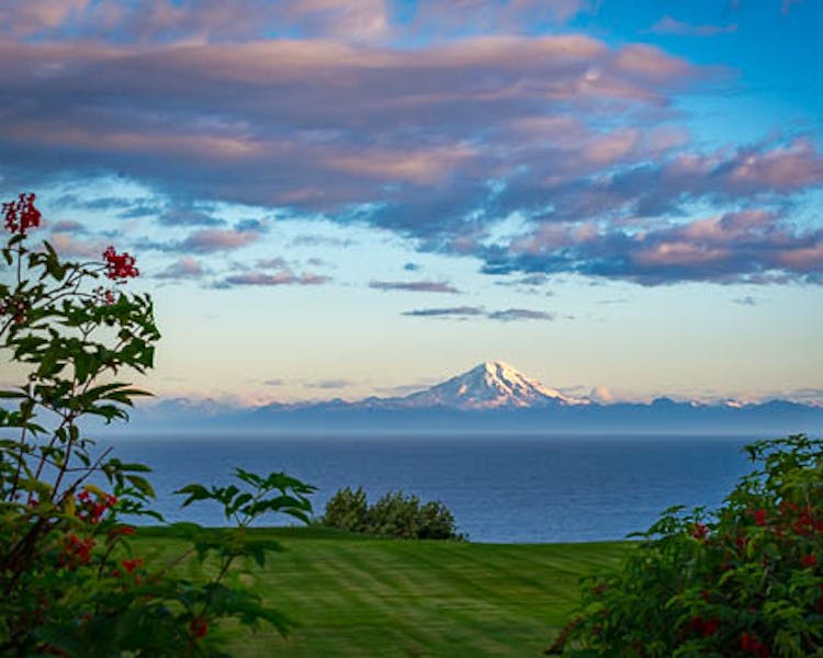 A stunning view of Mt Redoubt while standing on the lawn of the lodge