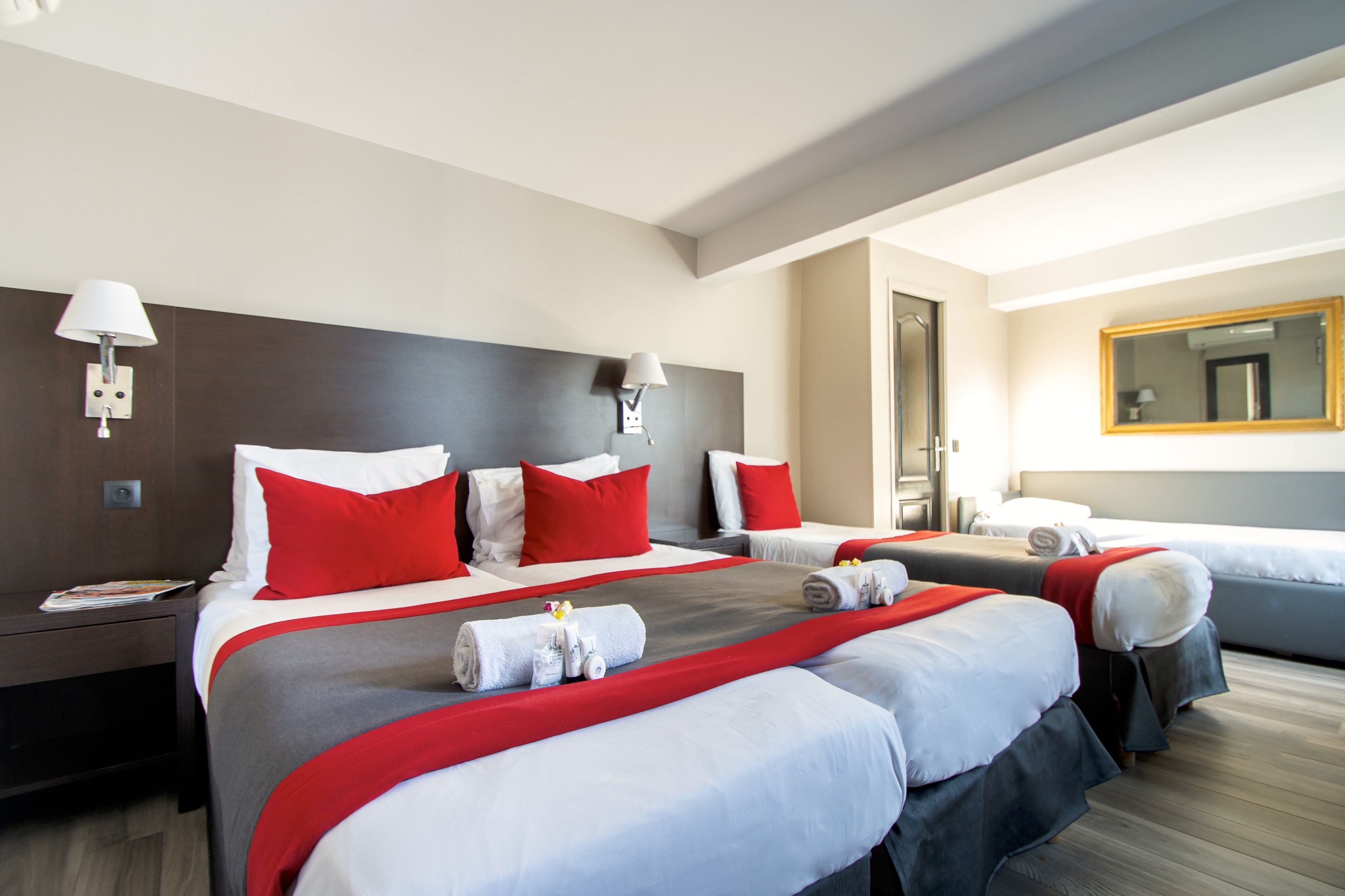 Chambre lumineuse avec canapé-lit et espace de rangement