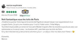 Avis client sur l'Hôtel Migny Opéra Montmartre via TripAdvisor
