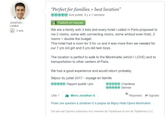 Avis client positif sur un séjour en famille à l'Hôtel Migny.