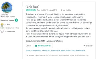 Avis client appréciant le personnel et le petit déjeuner de l’hôtel.