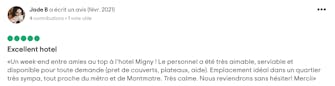 Commentaire client positif sur l'Hôtel Migny Opéra Montmartre