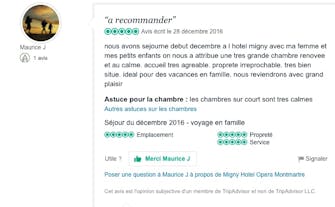 Avis client recommandant l’hôtel pour son bon rapport qualité-prix.
