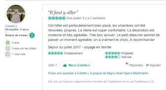 Avis client recommandant l’hôtel pour son confort et son accueil.