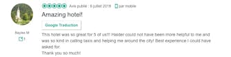 Avis client positif sur l'expérience à l'hôtel