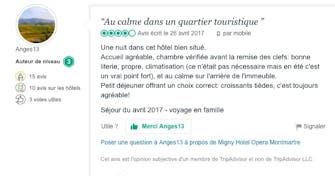 Avis client sur le calme et le confort de l’hôtel à Montmartre.
