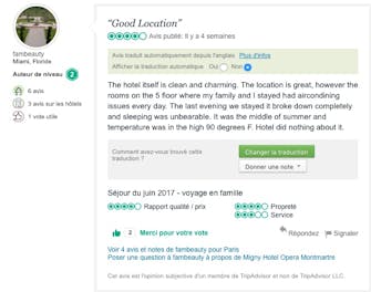 Avis client recommandant l'hôtel