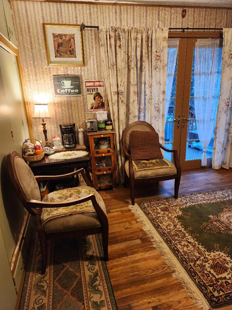 Forest room Cold breakfast table. Toaster, coffee maker