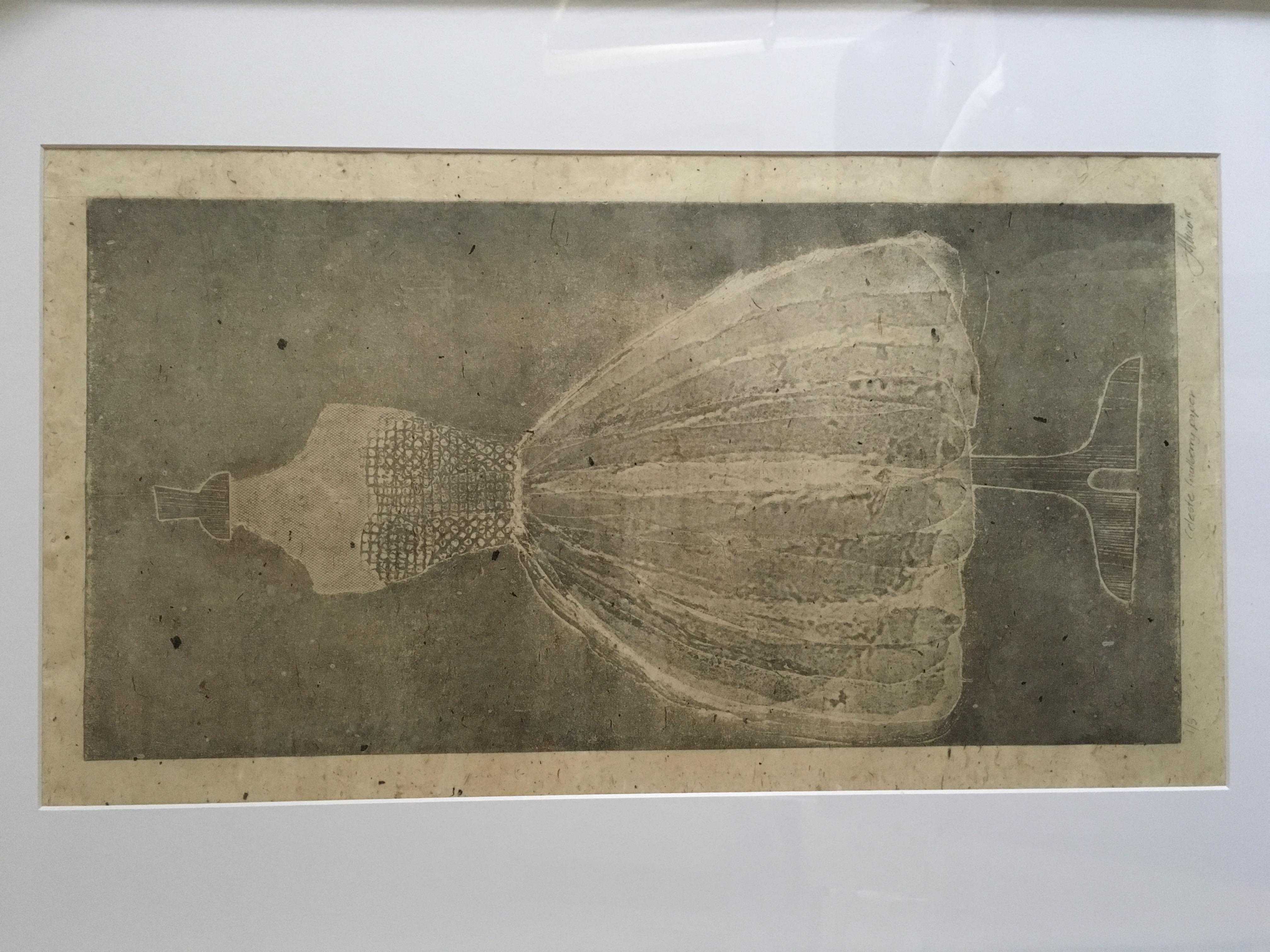 Detail of a print, showing a dress with close bodice above a gored skirt held out with many petticoats.