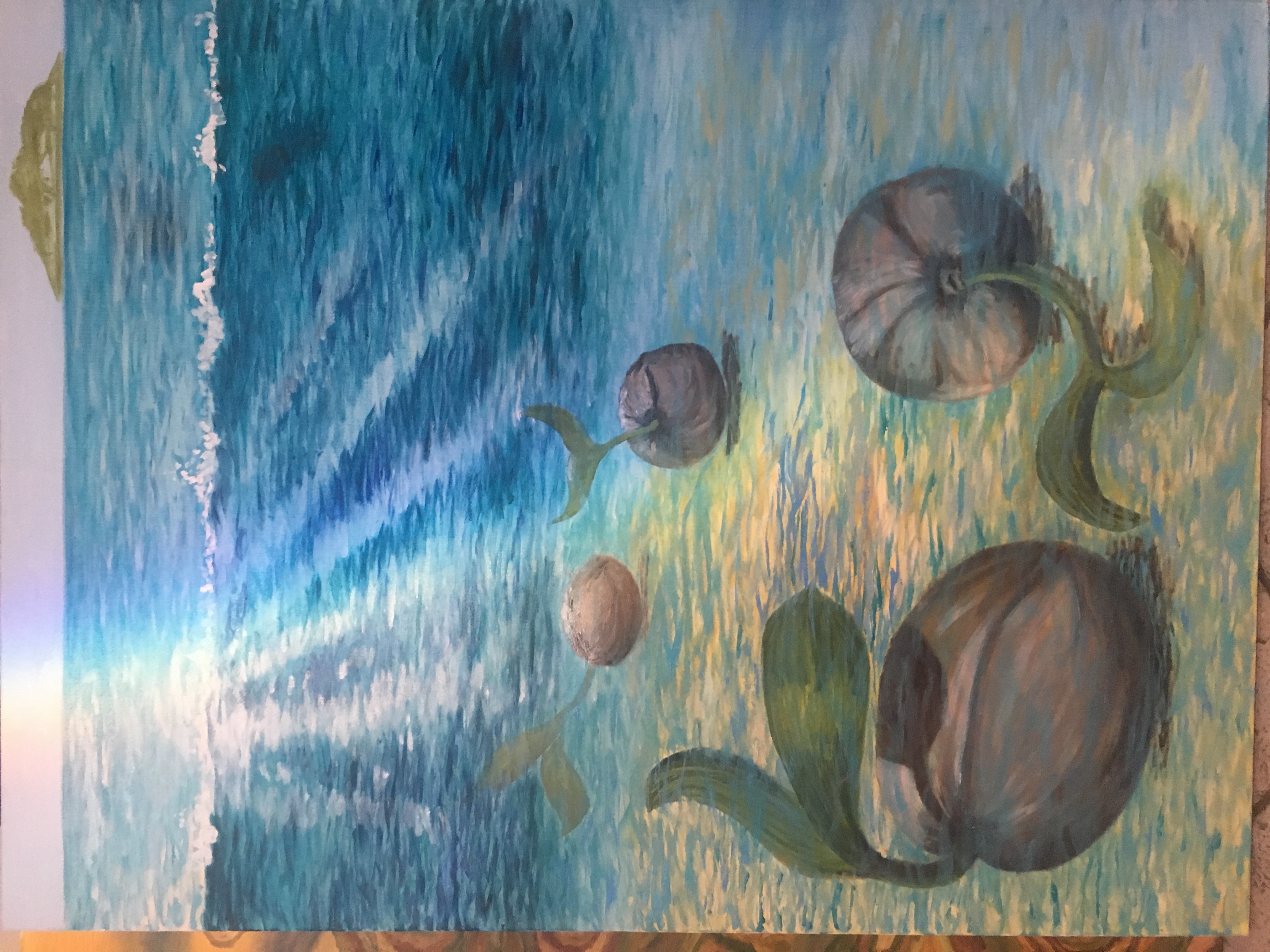 Detail of a painting in blues, greens and browns, with seeds sprouting at the edge of the water and resembling finned fish.