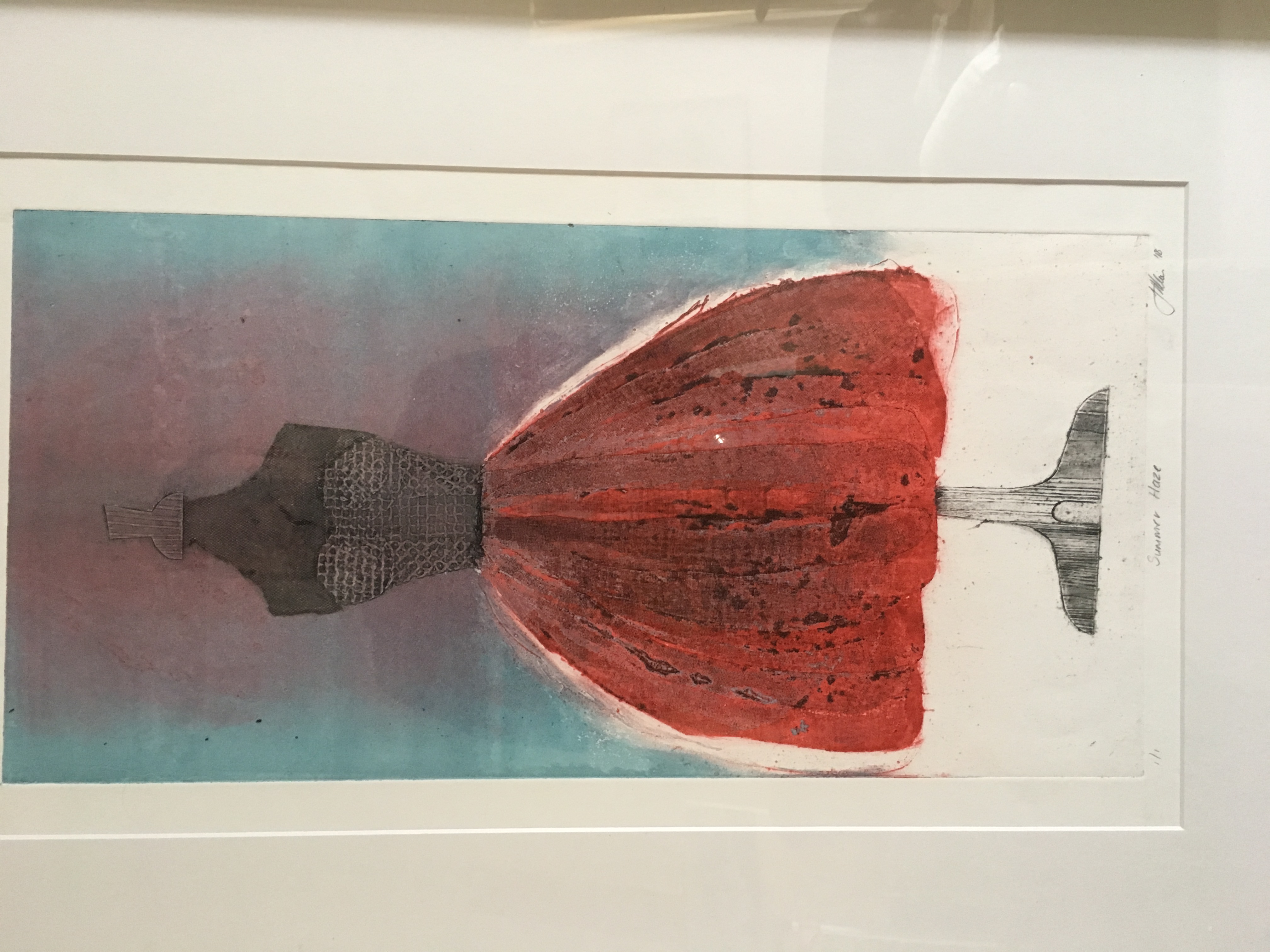 Detail of a print, showing a dress with close bodice above a gored skirt held out with many petticoats.