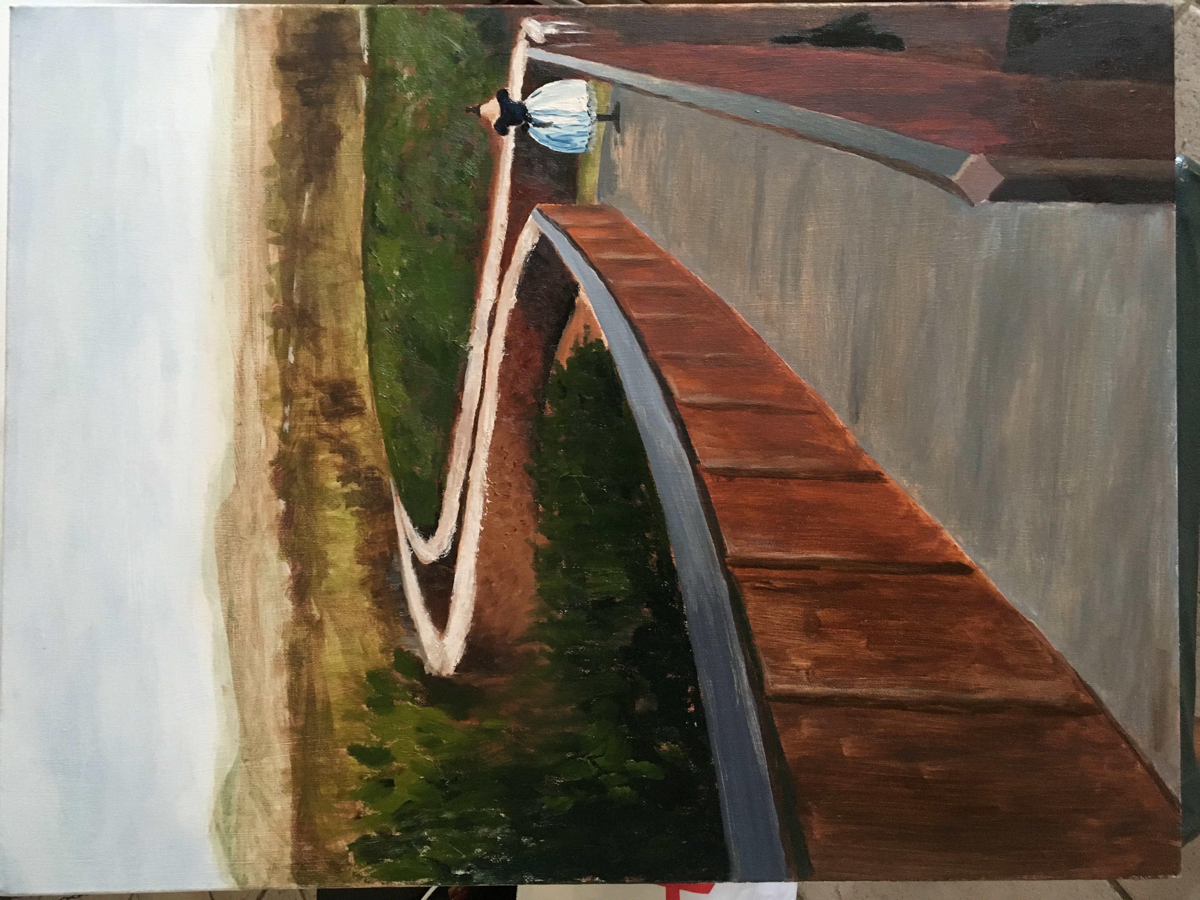 Painting of a curved walkway with handrails raised above greenery, with a dress on a dummy visible at the first curve.