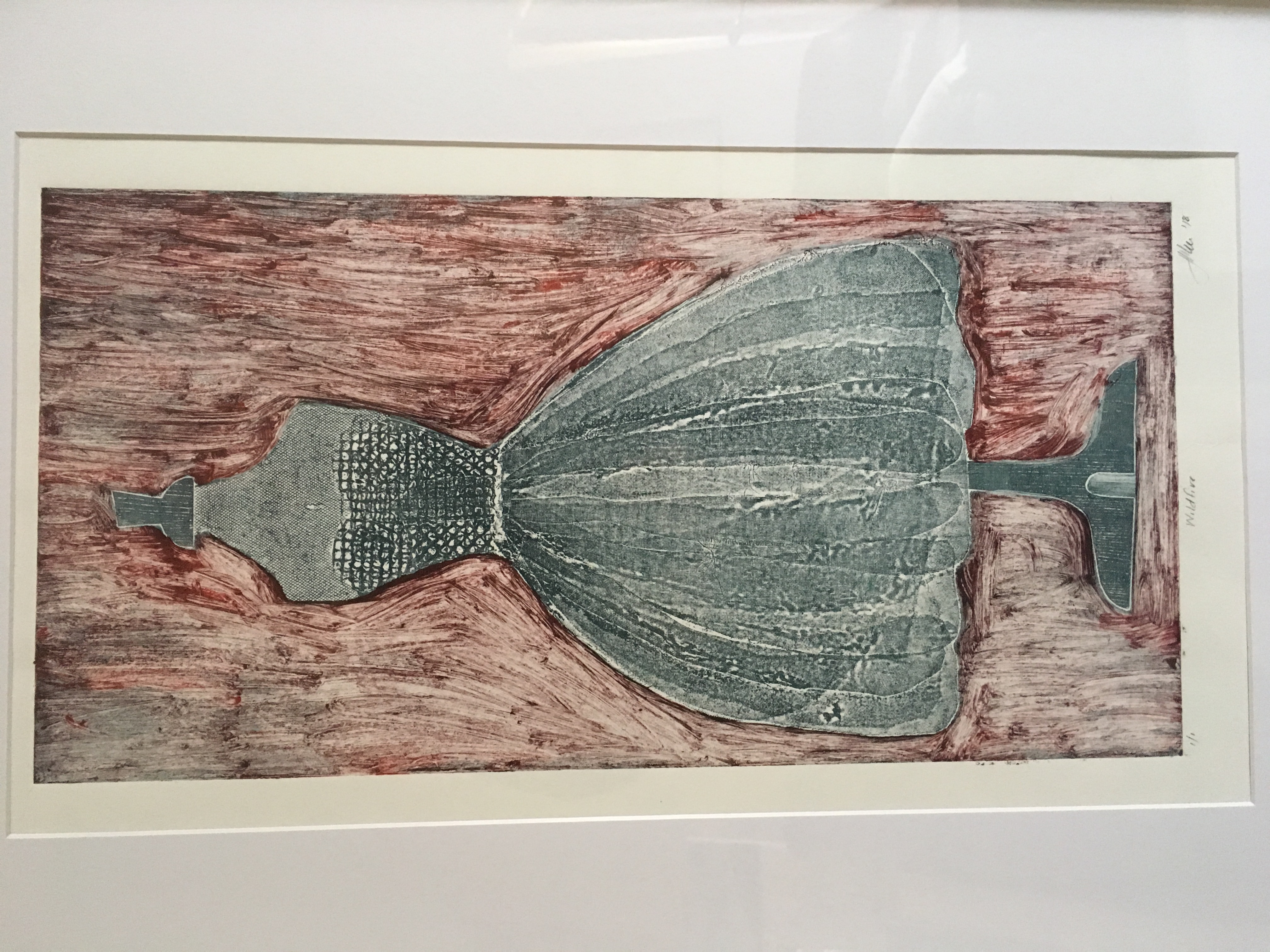 Detail of a print, showing a dress with close bodice above a gored skirt held out with many petticoats.