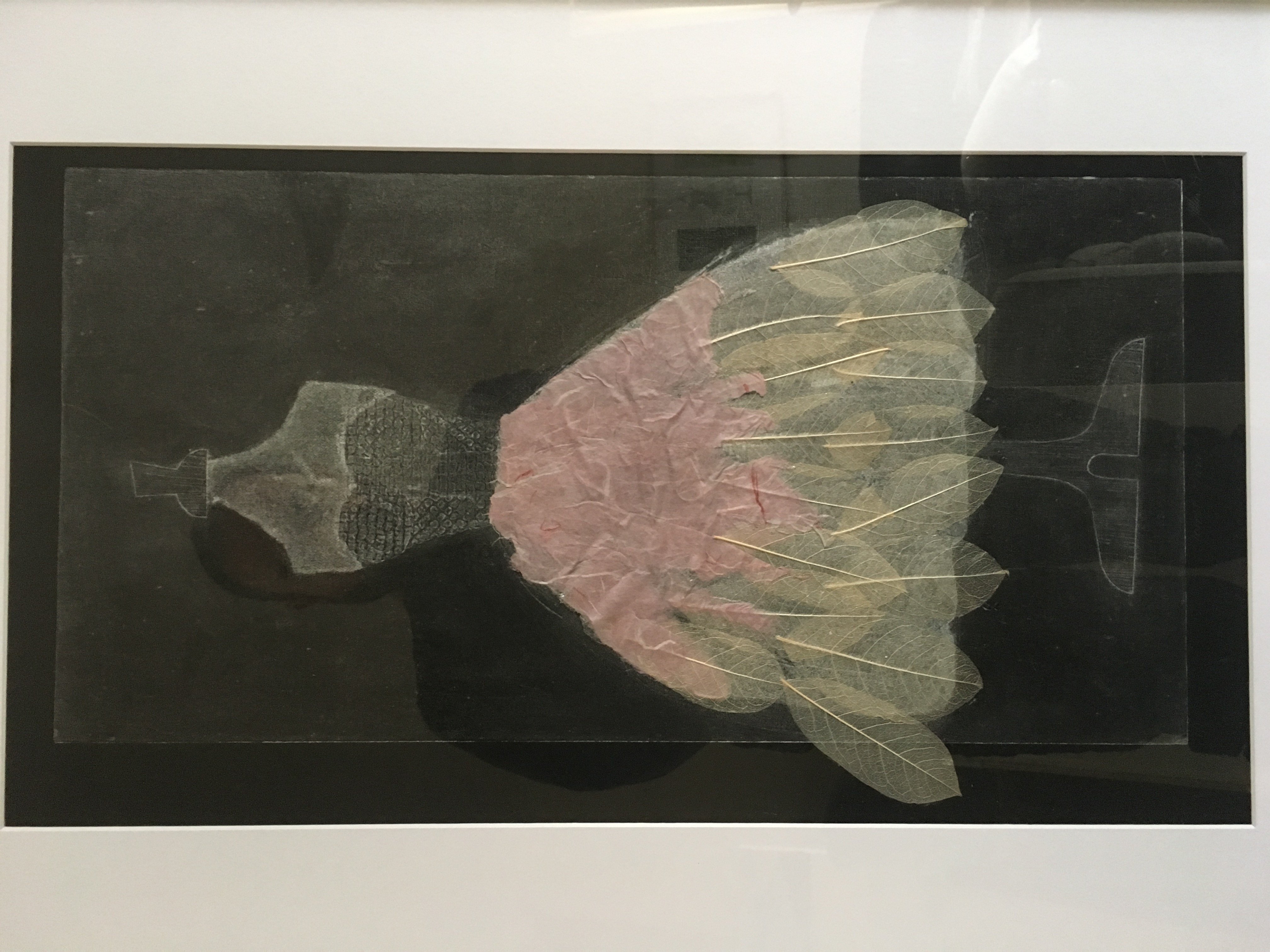 Detail of a print, showing a dress with close bodice above a gored skirt of leaves held out with many petticoats.