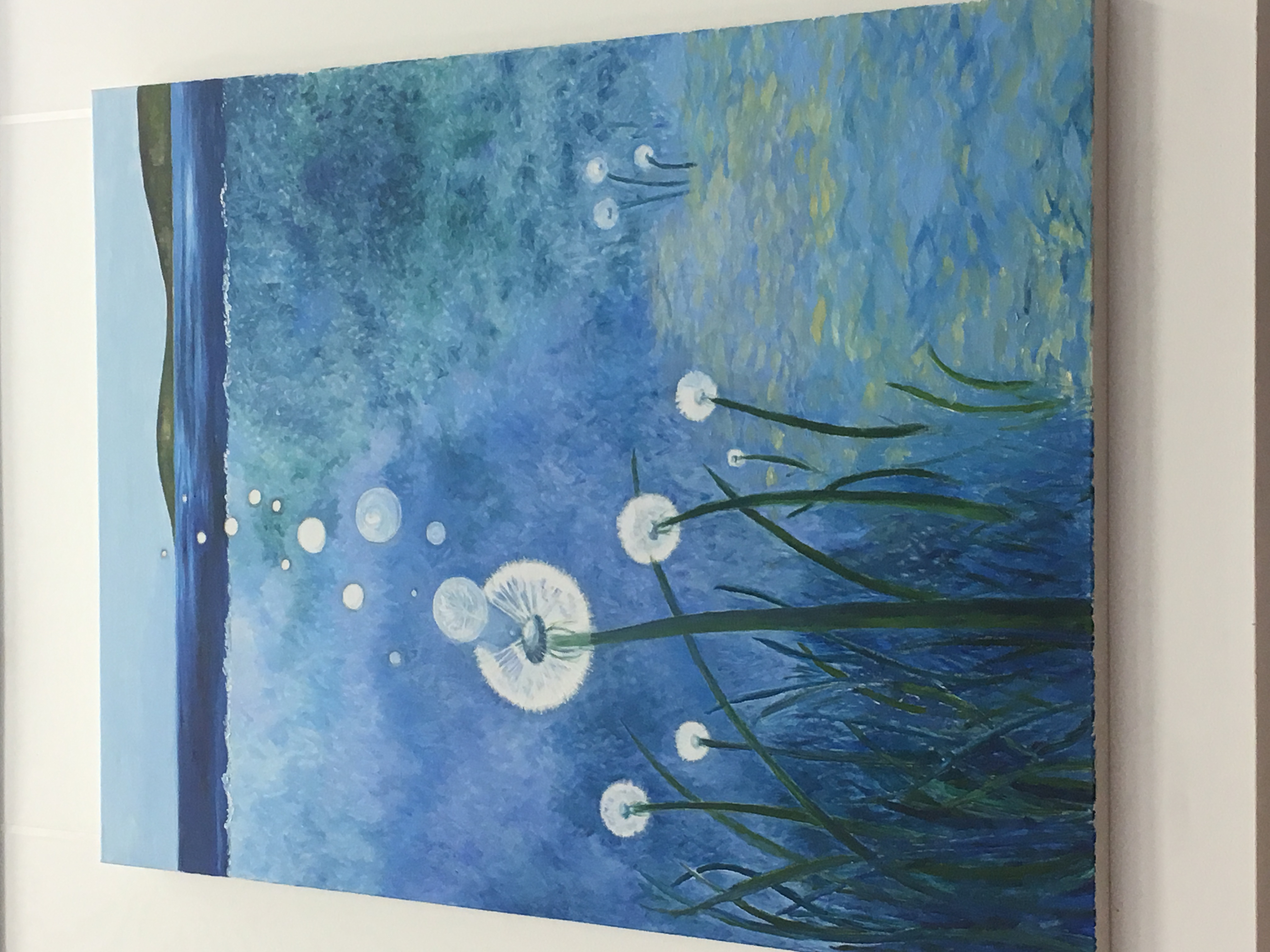 Detail of a painting in blues and greens of imaginary plants emerging from water.