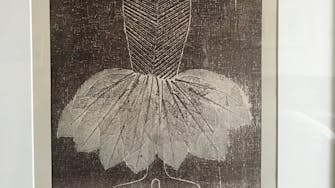 Detail of a print, showing a dress with close fitting bodice and body, and a flared hemline at the calf.