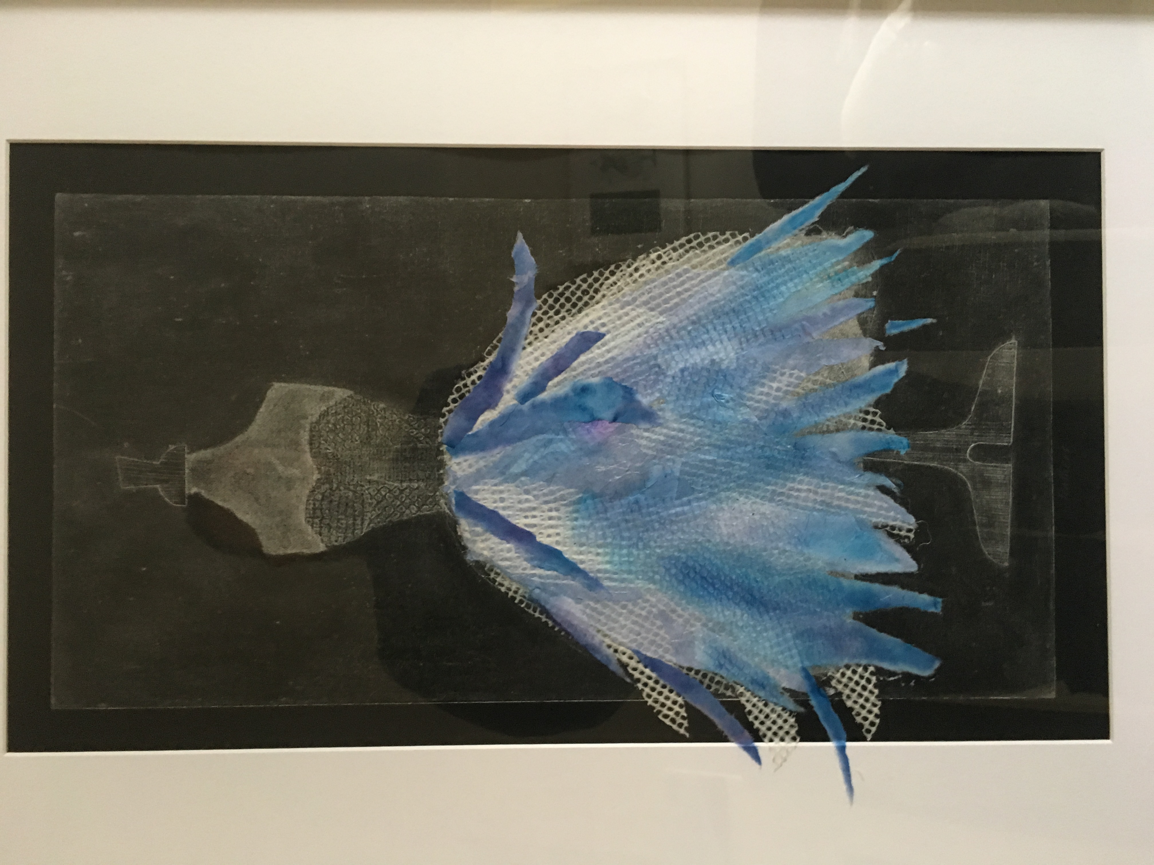 Detail of a print, showing a dress with close bodice above a gored skirt of feathers held out with many petticoats.