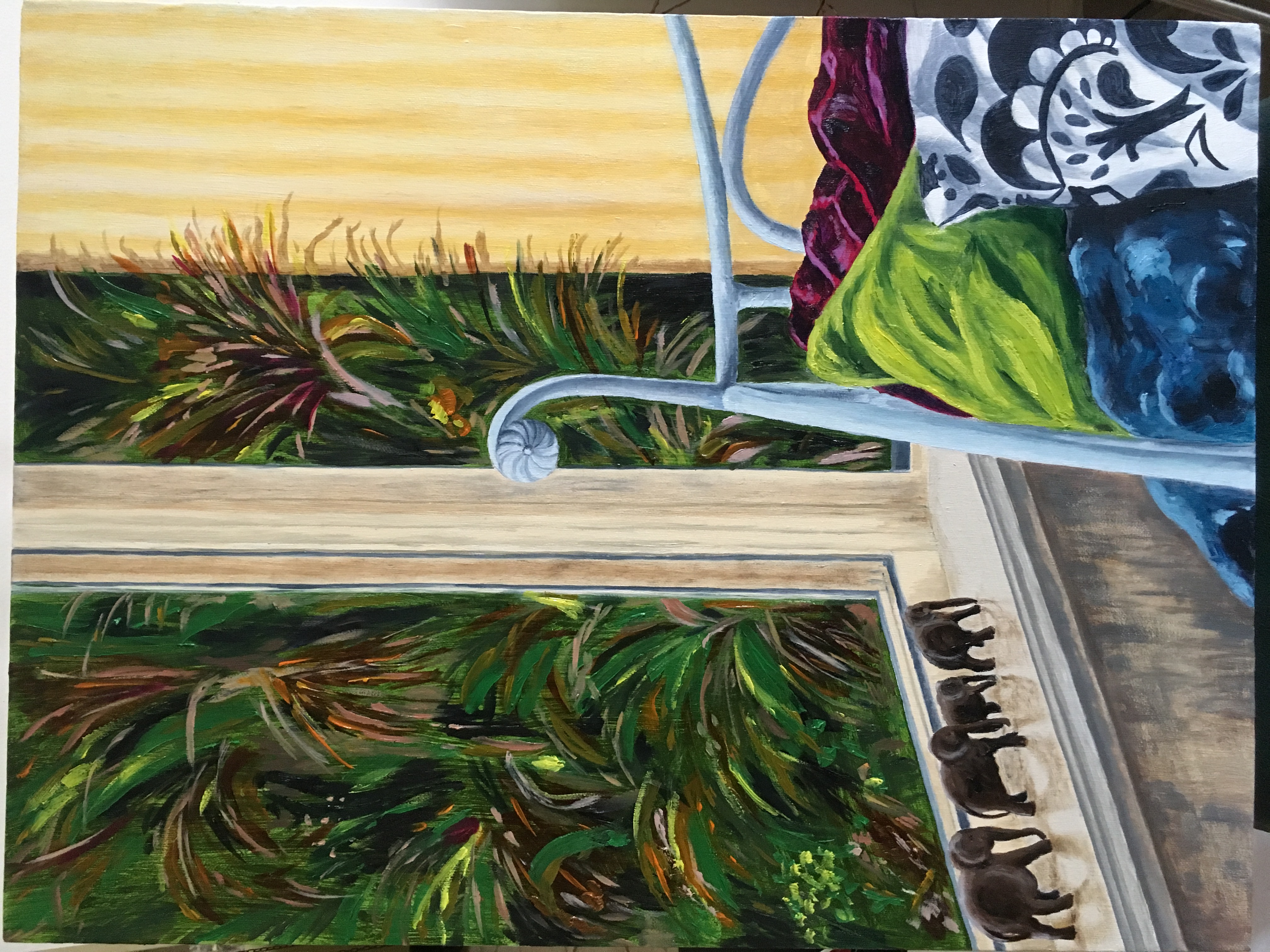 Painting of the curved ornate edge of a chair in a window, with four wooden elephants on the windowsill and greenery outside.