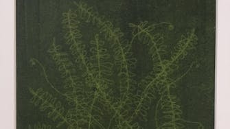 Print of plant leaves, in light green ink on a darker background.