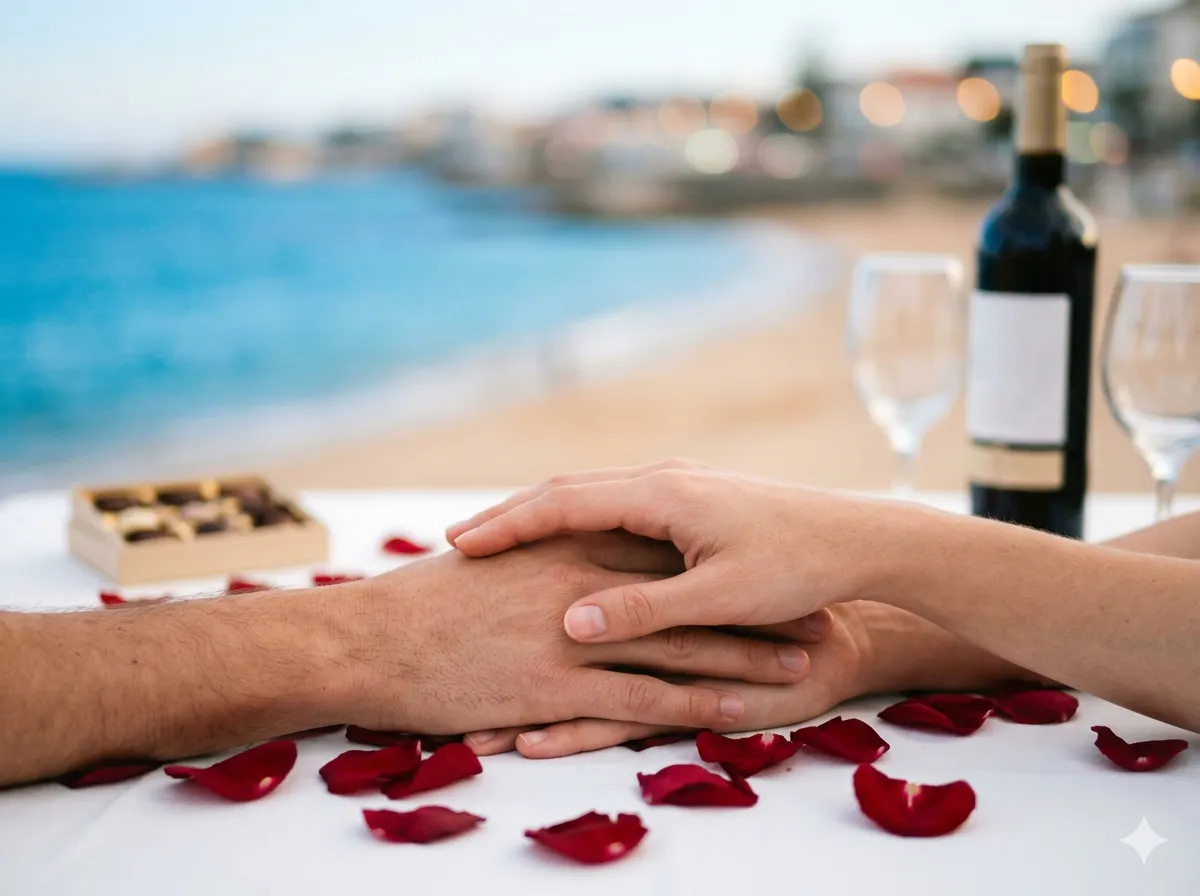 Romantic getaway in Estoril Portugal featuring rose petals and ocean view at sunset. Romantic Experience Pac