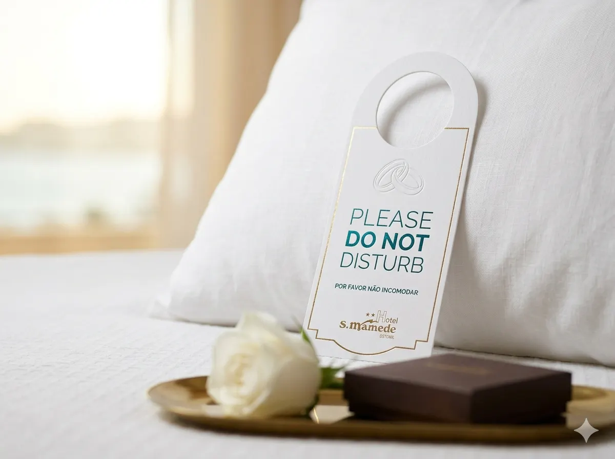 Elegant "Do Not Disturb" sign with romantic icons on a crisp white linen pillow, symbolizing the new comfort at Hotel Sao Mam