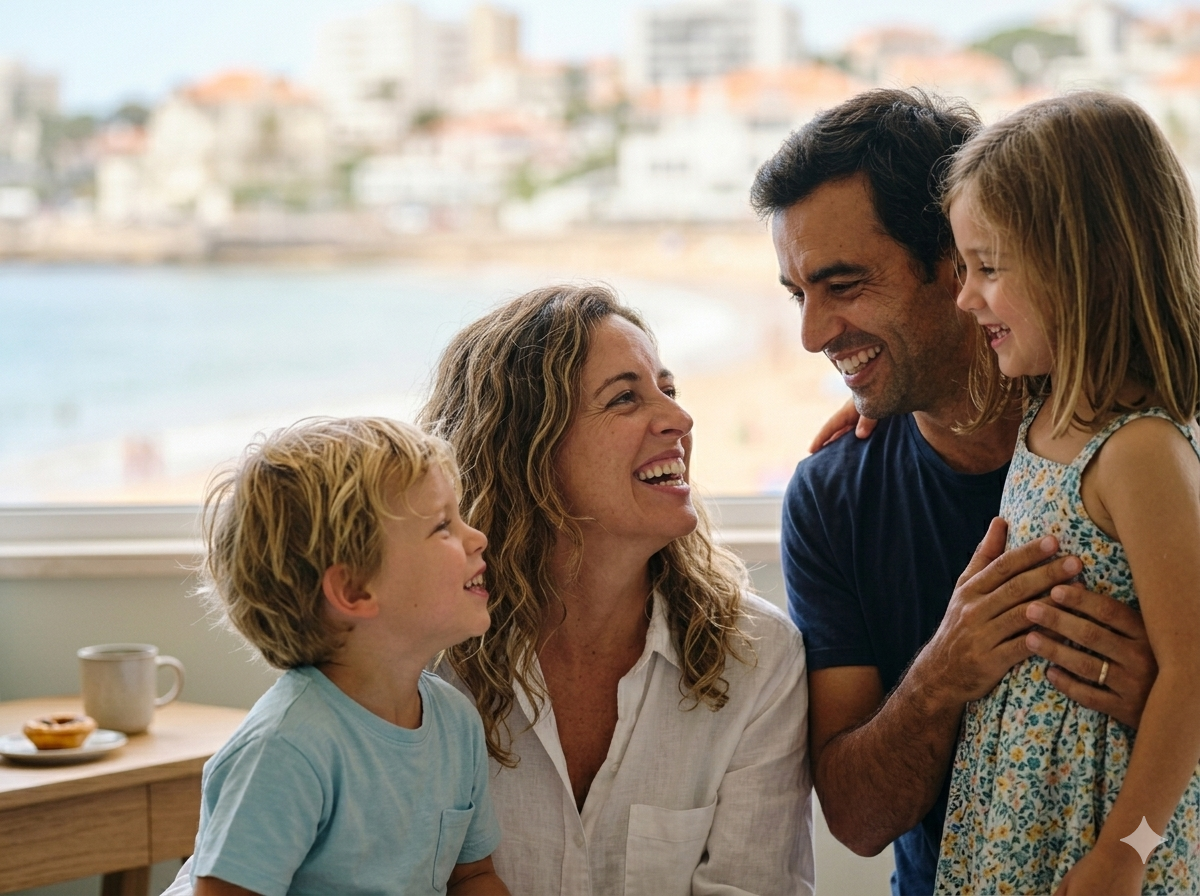 Happy family laughing together with a blurred background of the sunny Estoril coast and Tamariz beach.