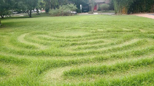 a green lawn with a spiral pattern of mowed grass