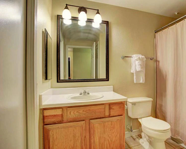 A bathroom with a sink, toilet, shower, and mirror