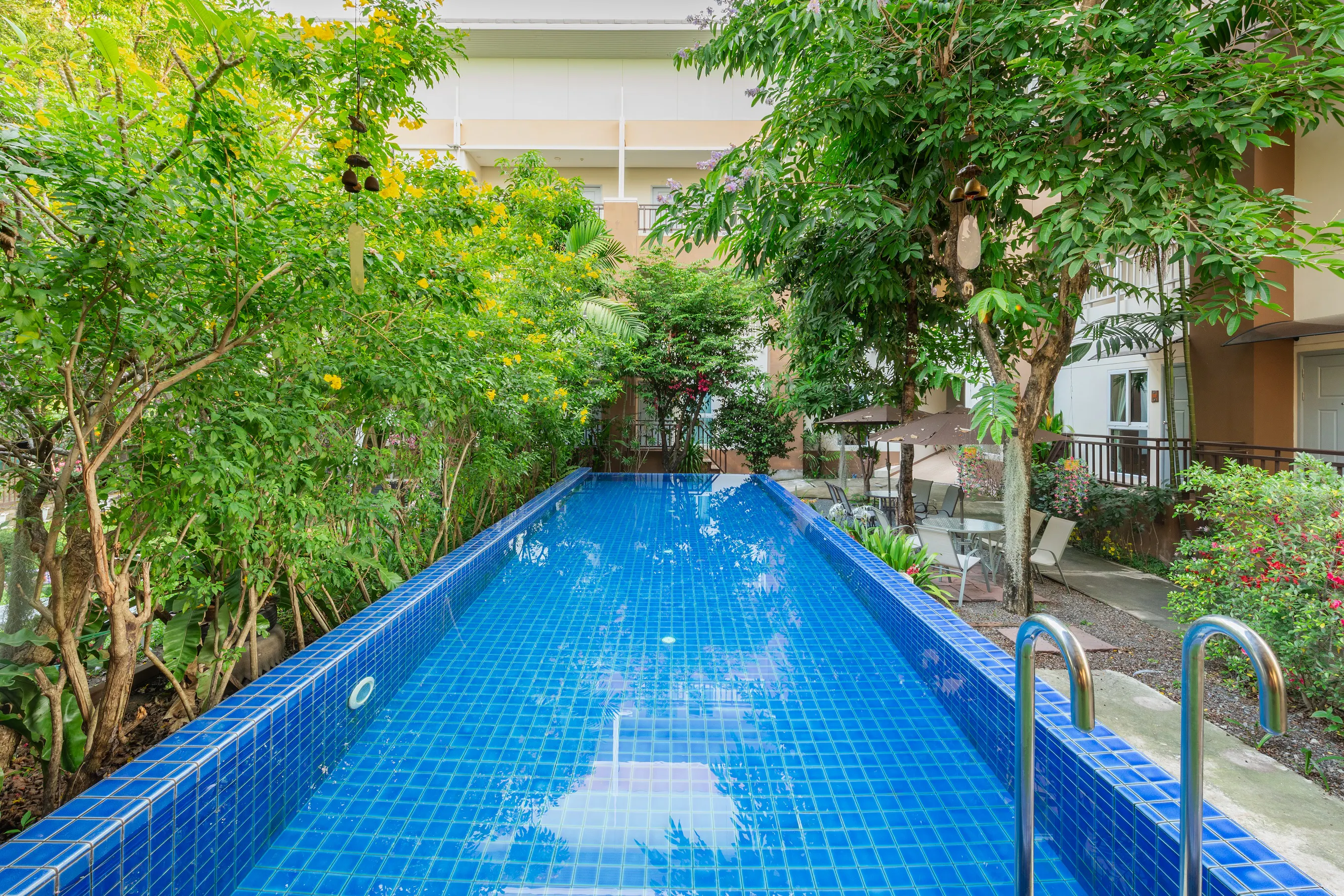 Saltwater swimming pool surrounded by lush tropical gardens