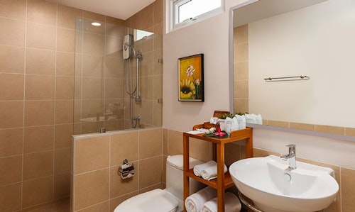 Modern bathroom with bathtub, shower and essential amenities