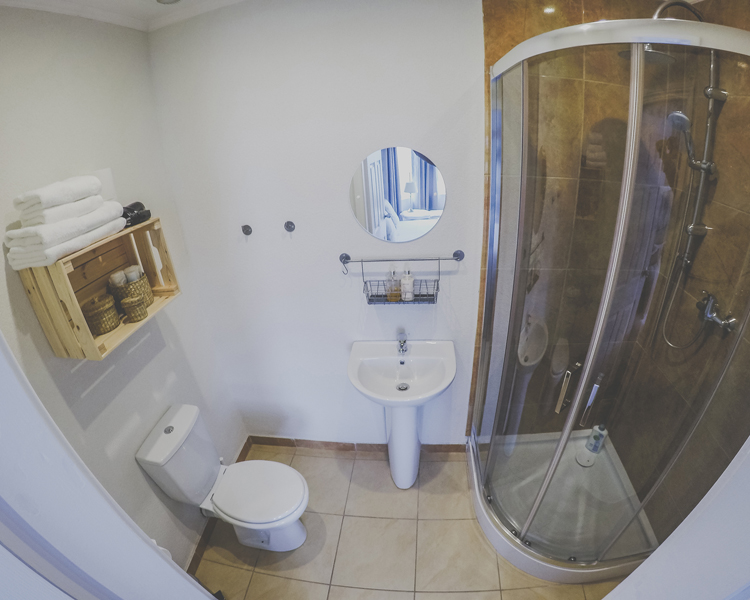 Ensuite bathroom with shower, sink and toilet. Towels and toiletries provided