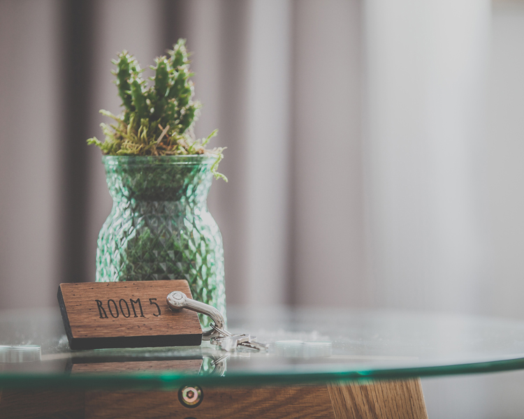 A cactus stand on a glass table and the room key is in front of it