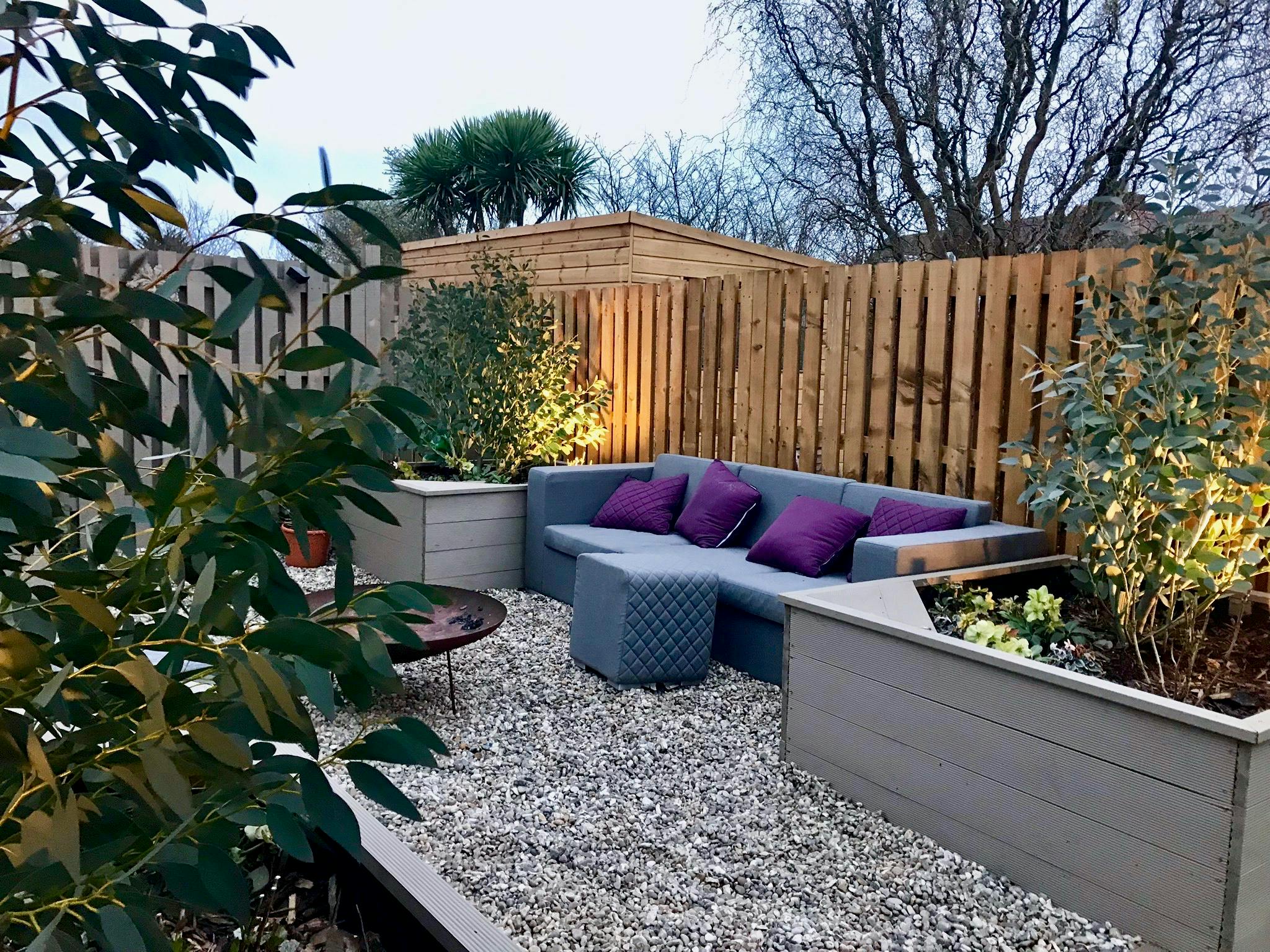 Garden Fire Pit Area with Planters and Outdoor quick dry Sofas