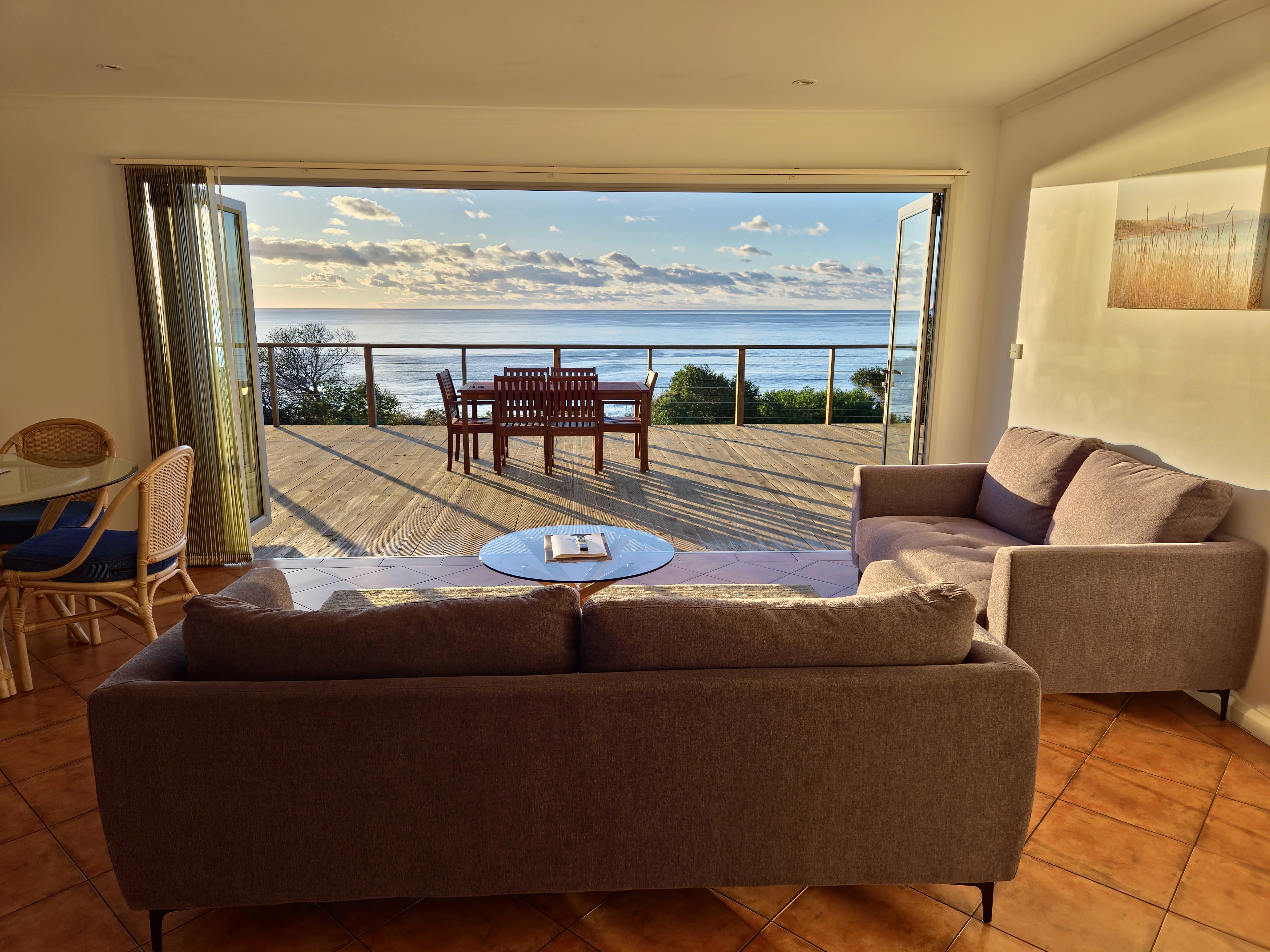 Tasman Sea views from luxury villa deck at White Sands Estate