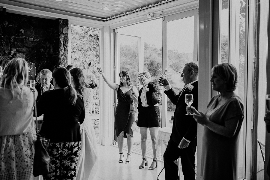 Guests cheersing the bride and groom - 970 Lonely Bay Lodge