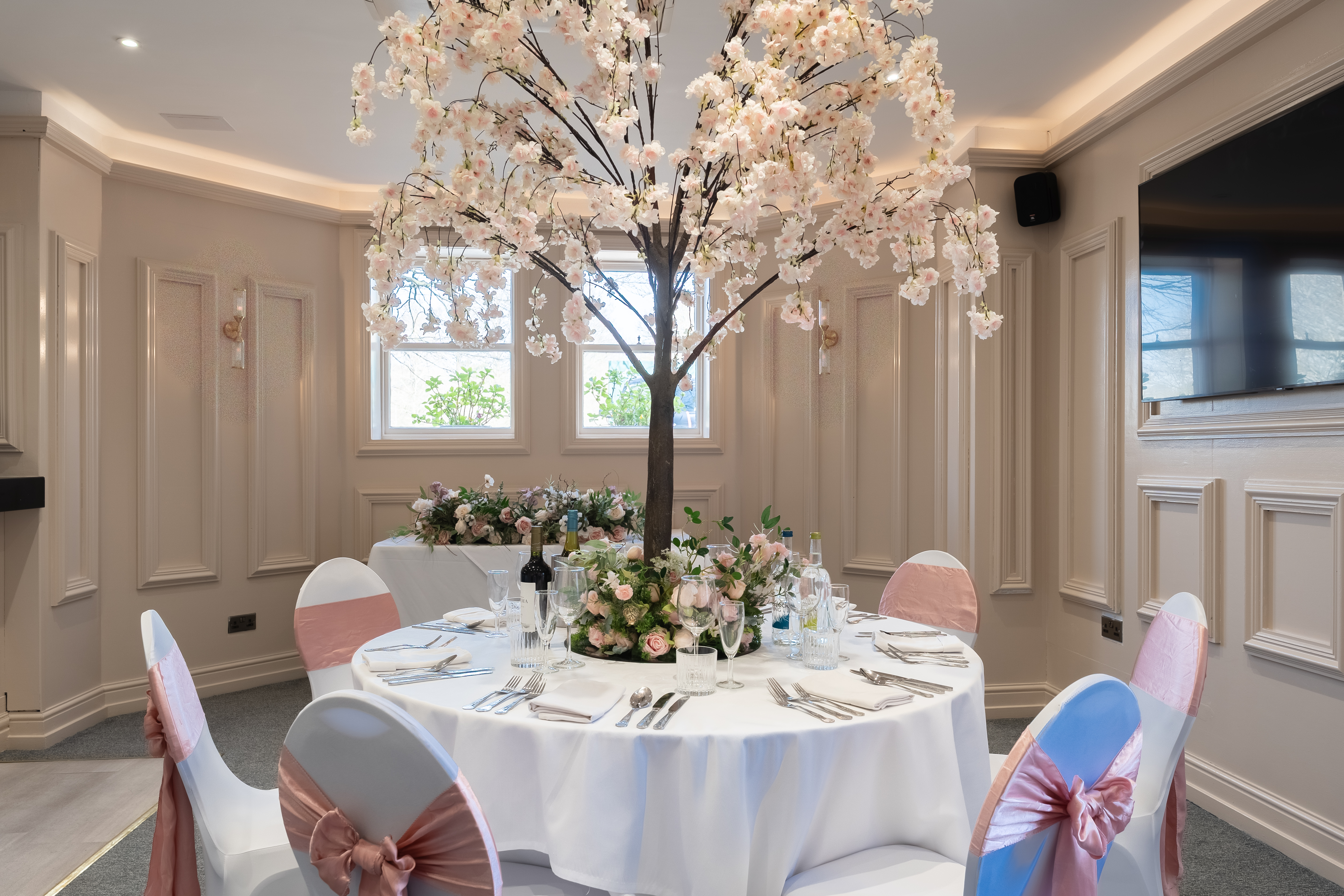 Victorian-style wedding reception setup at Sefton Park Hotel