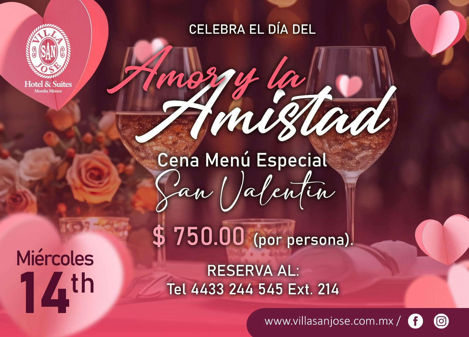 Celebra este 14 de febrero en el Restaurante del Hotel & Suites Villa San José, en un ambiente romantico, una vista hermosa.